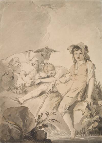 To fårehyrder, der hviler med deres fåreflok ved en rislende bæk