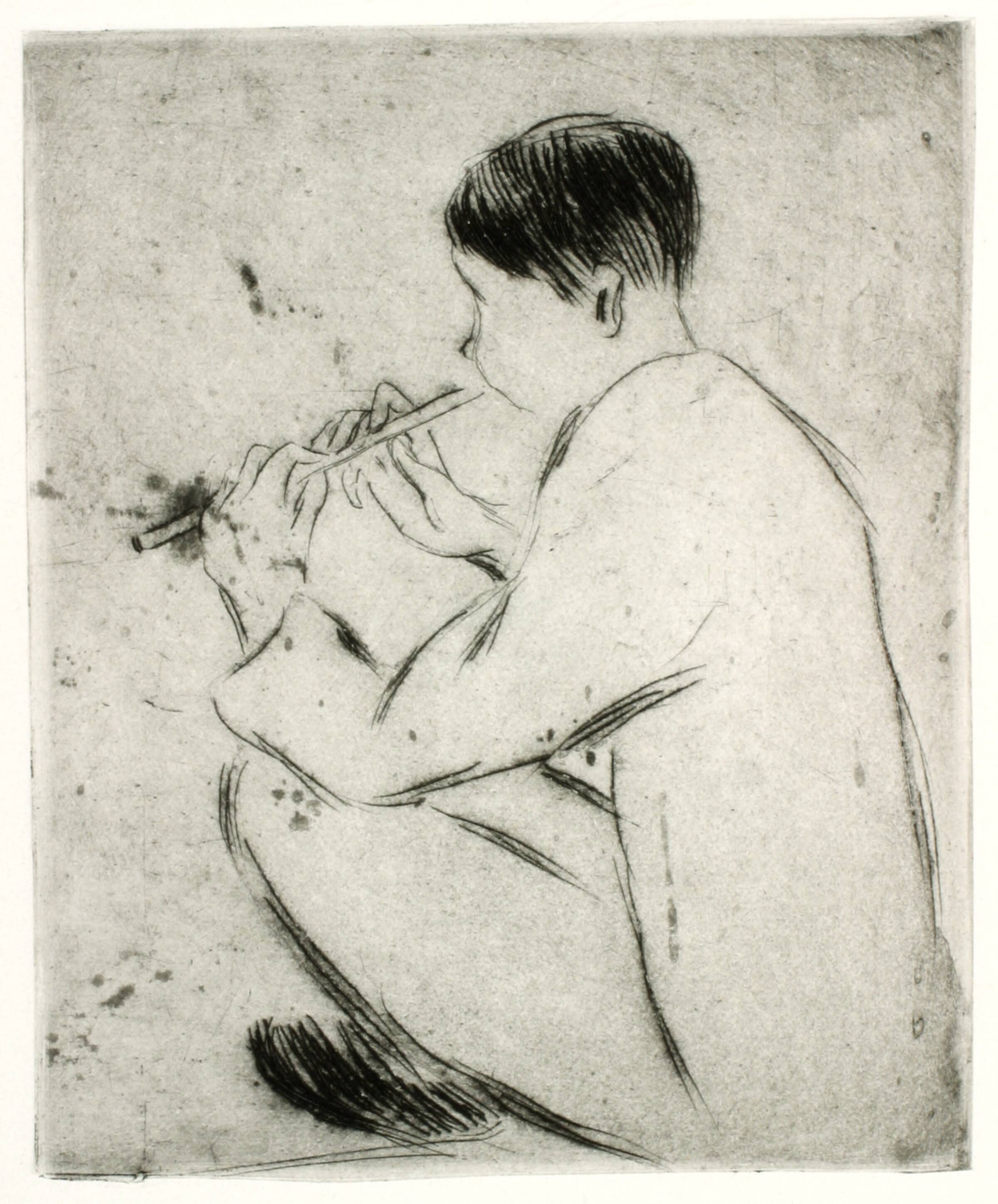Siddende, fløjtespillende mand set skråt bagfra, Kaj Ejstrup, 1930-1939