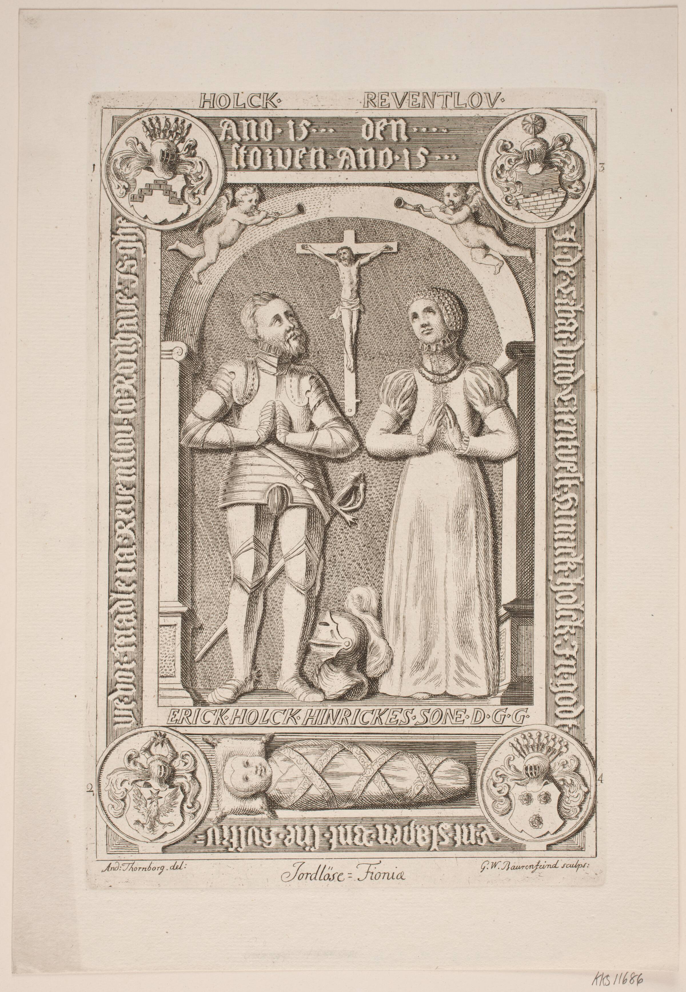 H. Holck og hustrus gravsten. Illustration til ”Nobilitas Daniae ex monumentis”, Georg Vilhelm Baurenfeind, 1750-1755