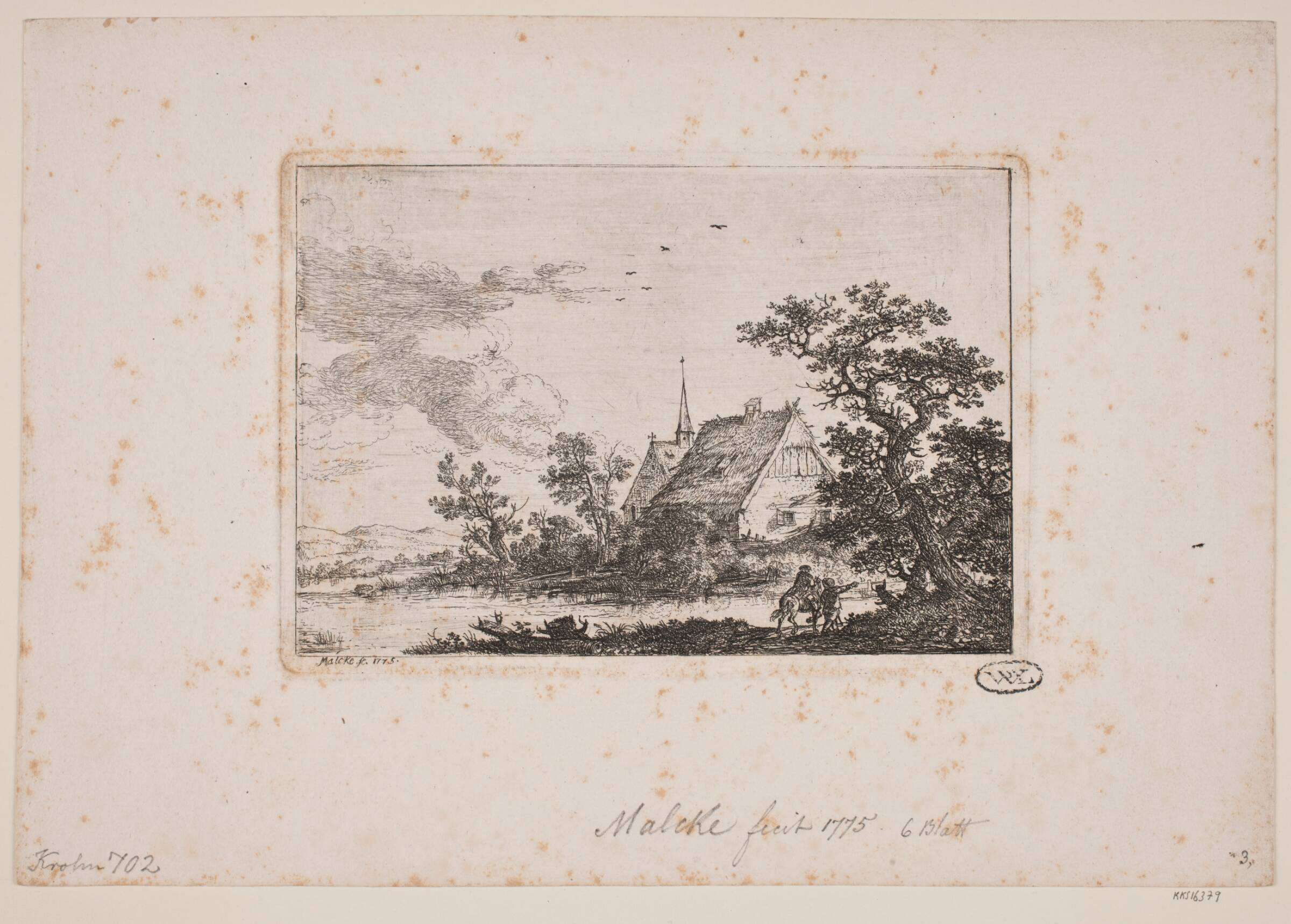 Landskab med en kirke, der ses bag et bondehus. I forgrunden en ridende og en gående person, Simon Malgoc, 1775