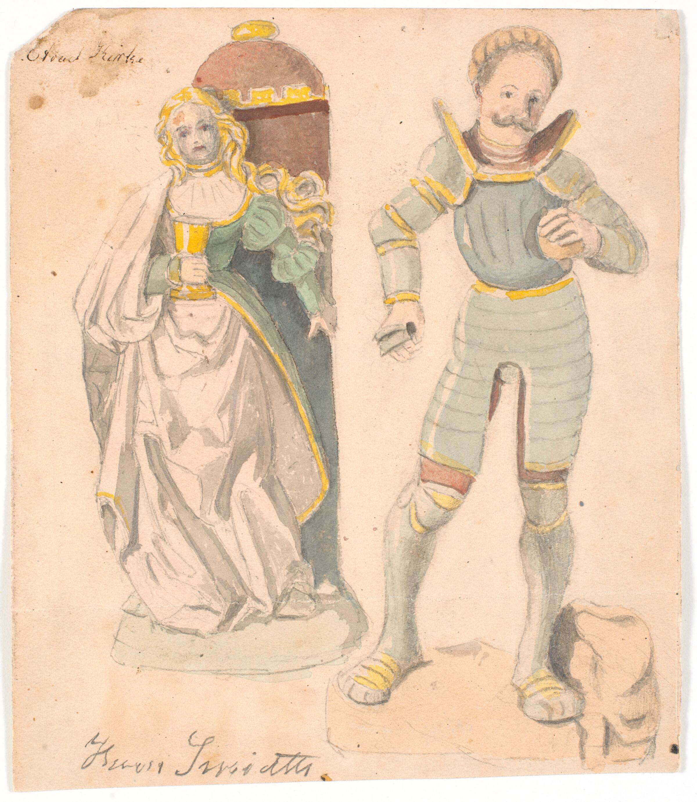 Studie med to figurer efter altertavlen i Estvad kirke, Ringkøbing amt, Hans Smidth, 1850-1859