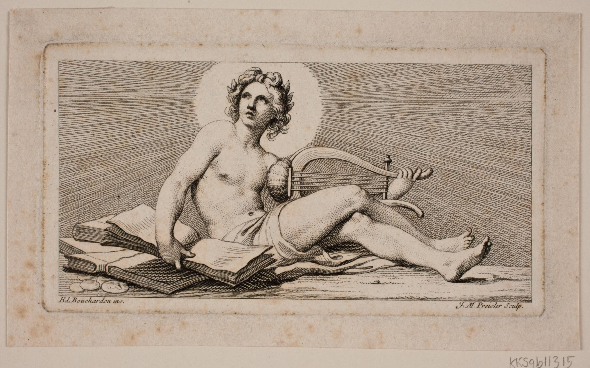 Vignet. En siddende Apollo med harpen, J.M. Preisler, 1715-1794