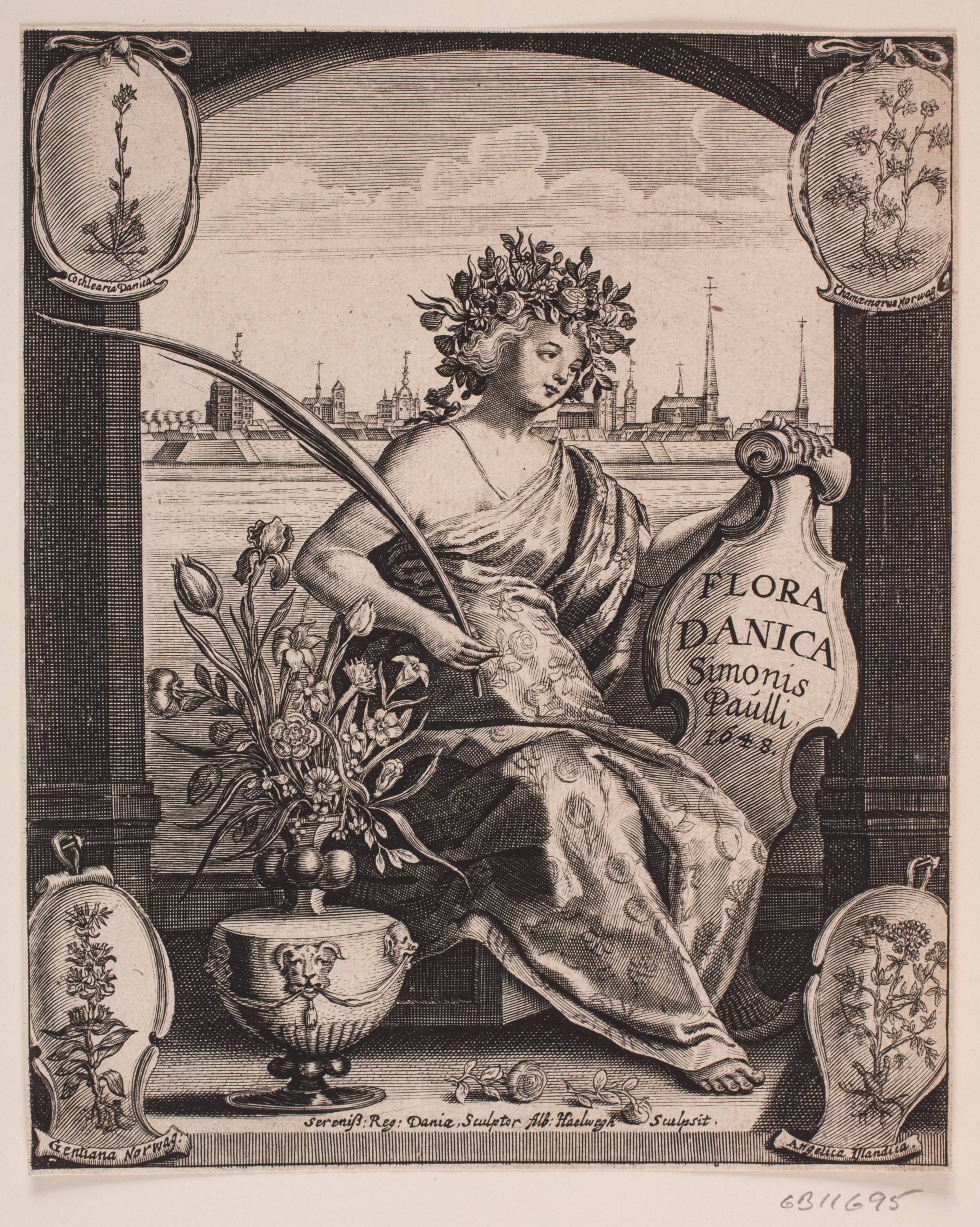 Siddende Flora. Titelblad til Simon Paullis, "Flora danica", 1648, Albert Haelwegh, 1648
