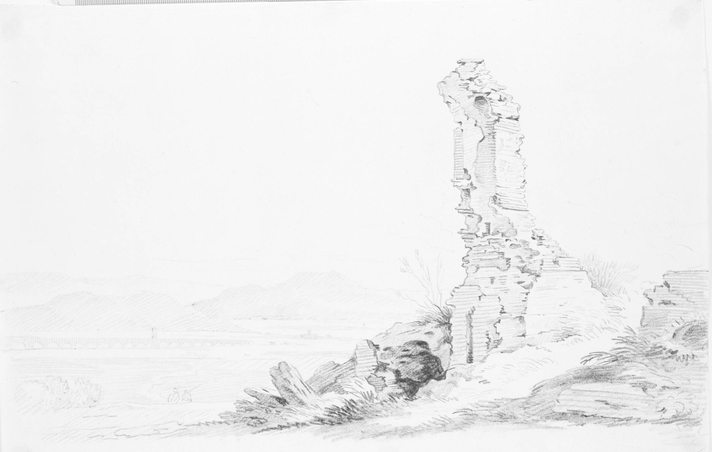 Ruin i forgrunden af landskab med akvædukt (Claudius' akvædukt, Monte Cavo i baggrunden)., Johan Mandelberg, 1730-1786