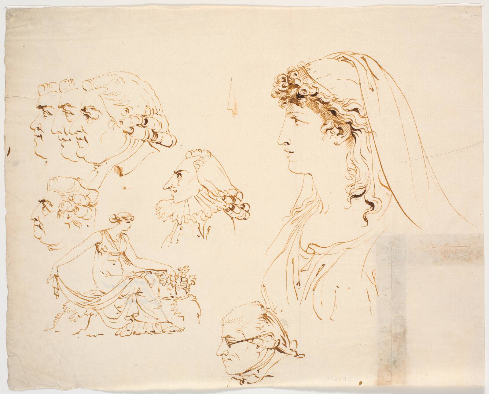 Seks mandlige og et kvindeligt profilhoved samt kvinde i klassisk dragt, der plukker blomster, by J.F. Clemens, 1748-1831