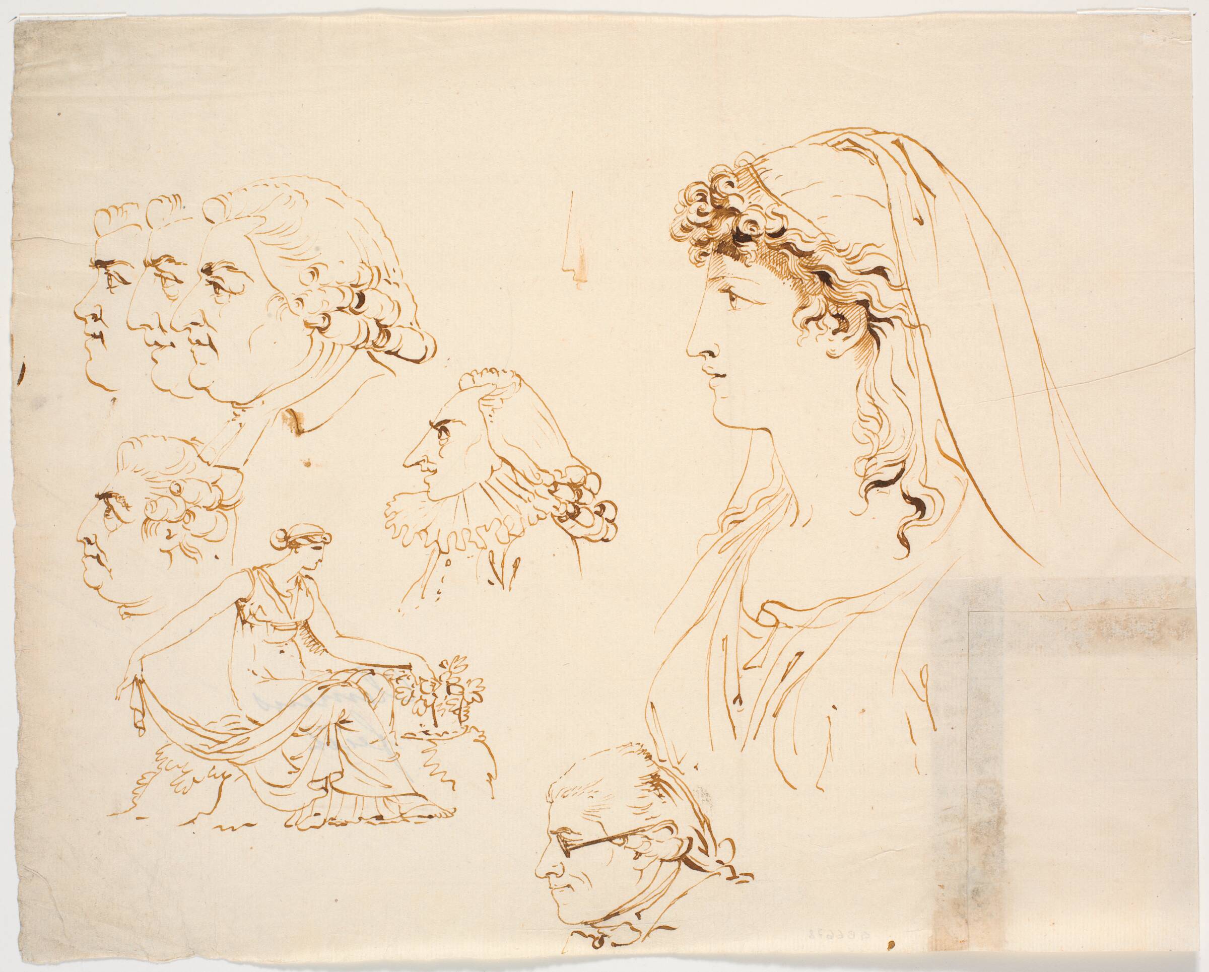 Seks mandlige og et kvindeligt profilhoved samt kvinde i klassisk dragt, der plukker blomster, J.F. Clemens, 1748-1831