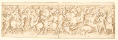 En soldat; germanske ryttere føres til Marcus Aurelius; sarmaterne drives på flugt af romerne; romere på march med følge