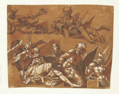 Fragmentarisk blad med elementer fra en loftsdekoration. F.o.: Merkur og Pluto. F.n.: kvinde med barn, en læsende mand og en bagbunden slave(?) og en rustning.