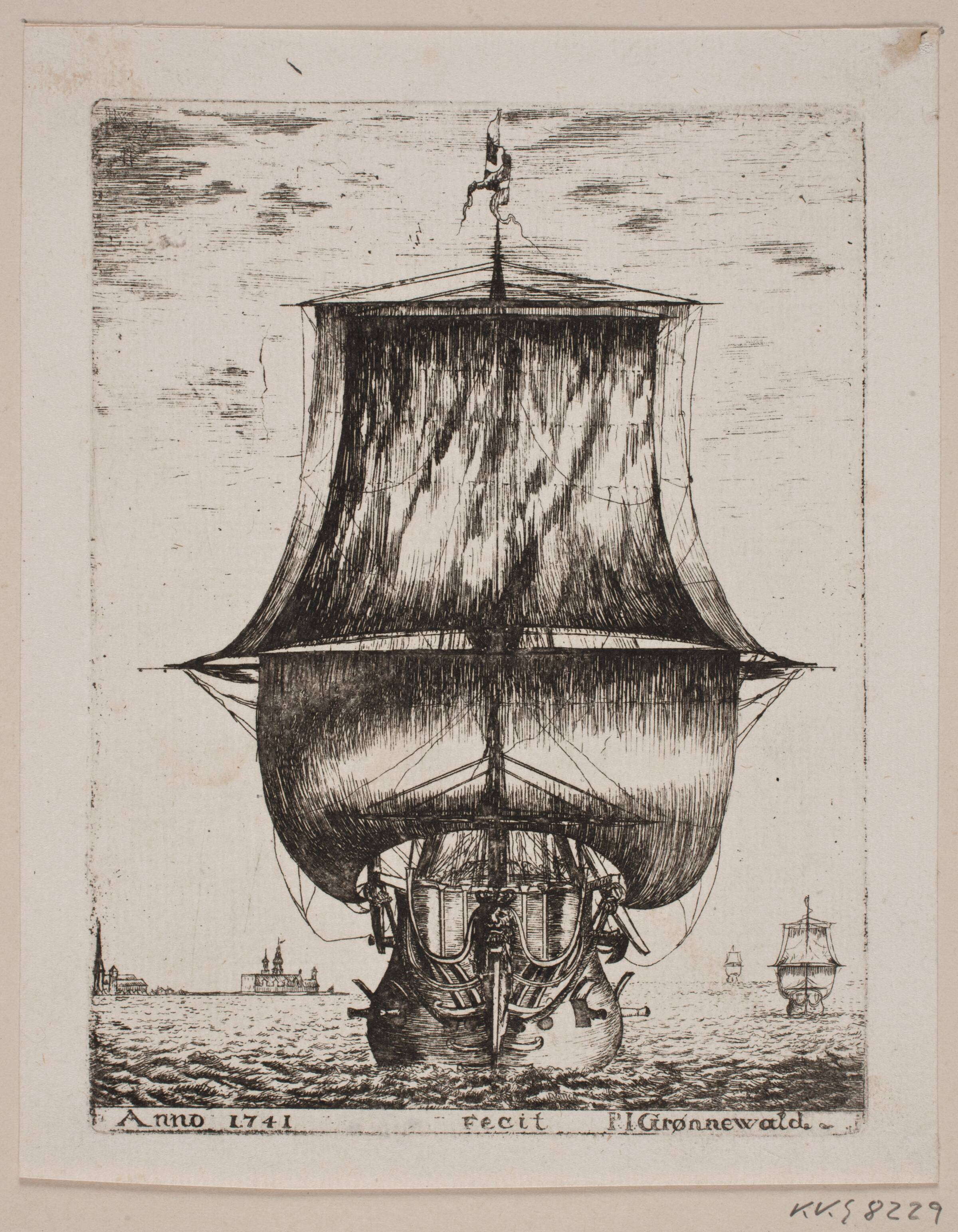 Et sejlende orlogsskib, i baggrunden Kronborg, Poul Isac Grønvold, 1741