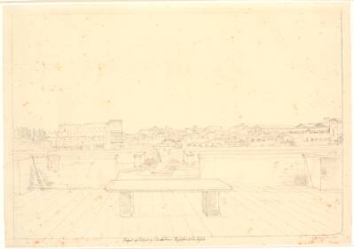 Udsigt fra den nu nedrevne Villa Casalis øvre terrasse mod Colosseum og Monte Esquilino, i baggrunden Quirinalet, Rom