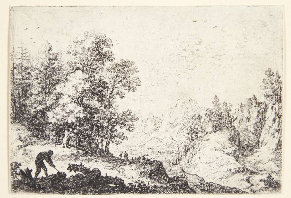 Panorama over bjergrigt landskab, i forgrunden en brændehugger, Herman Saftleven, 1640