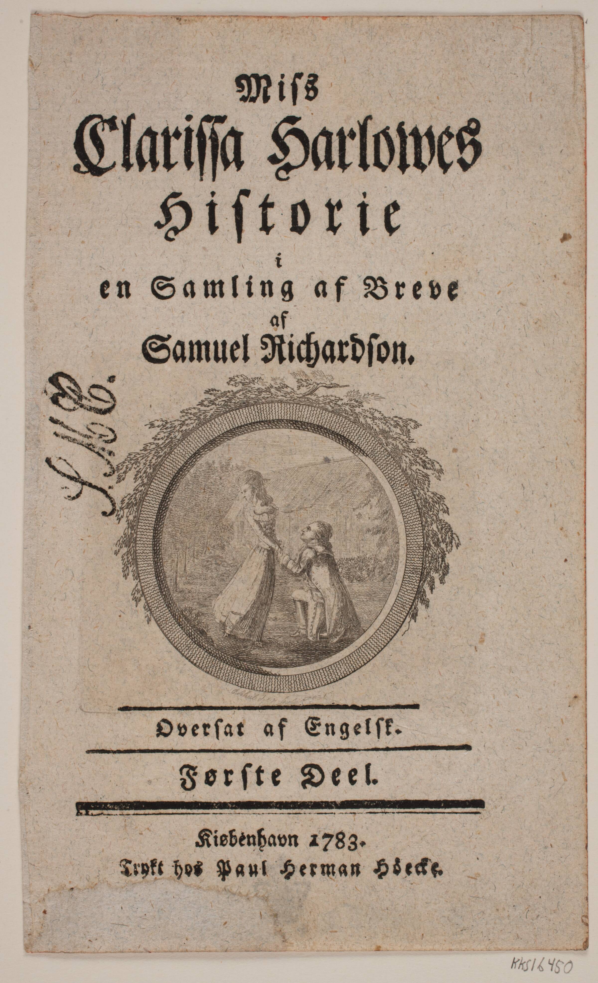 Titelblad med vignet til S. Richardson: "Miss Clarissa Harlowes Historie", første del, Georg Christian Schule, 1783