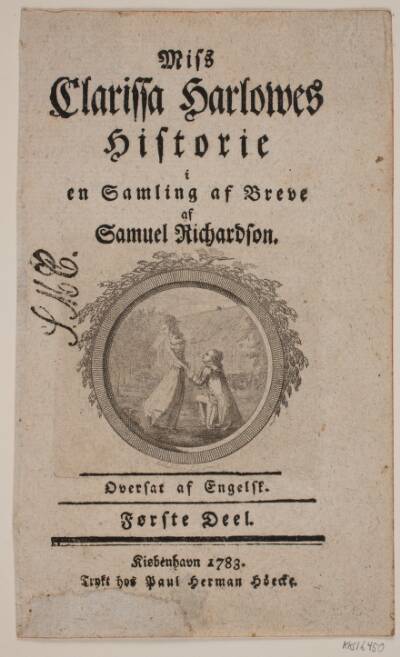 Titelblad med vignet til S. Richardson: "Miss Clarissa Harlowes Historie", første del