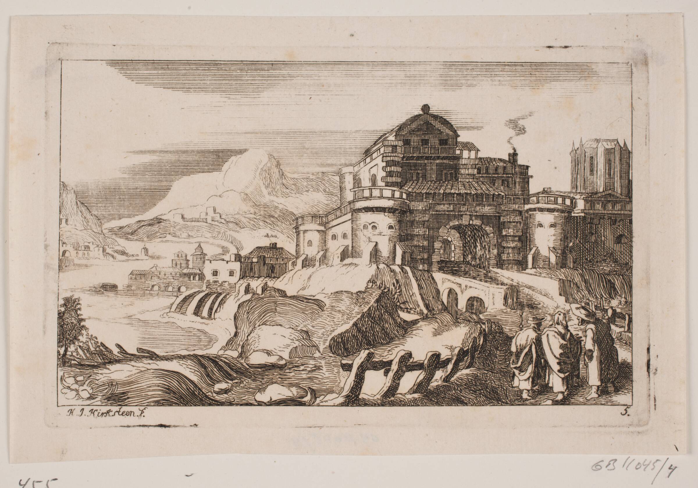 Landskab med Jesus og to apostle foran en byport, Hans Jørgen Kirksteen, 1746