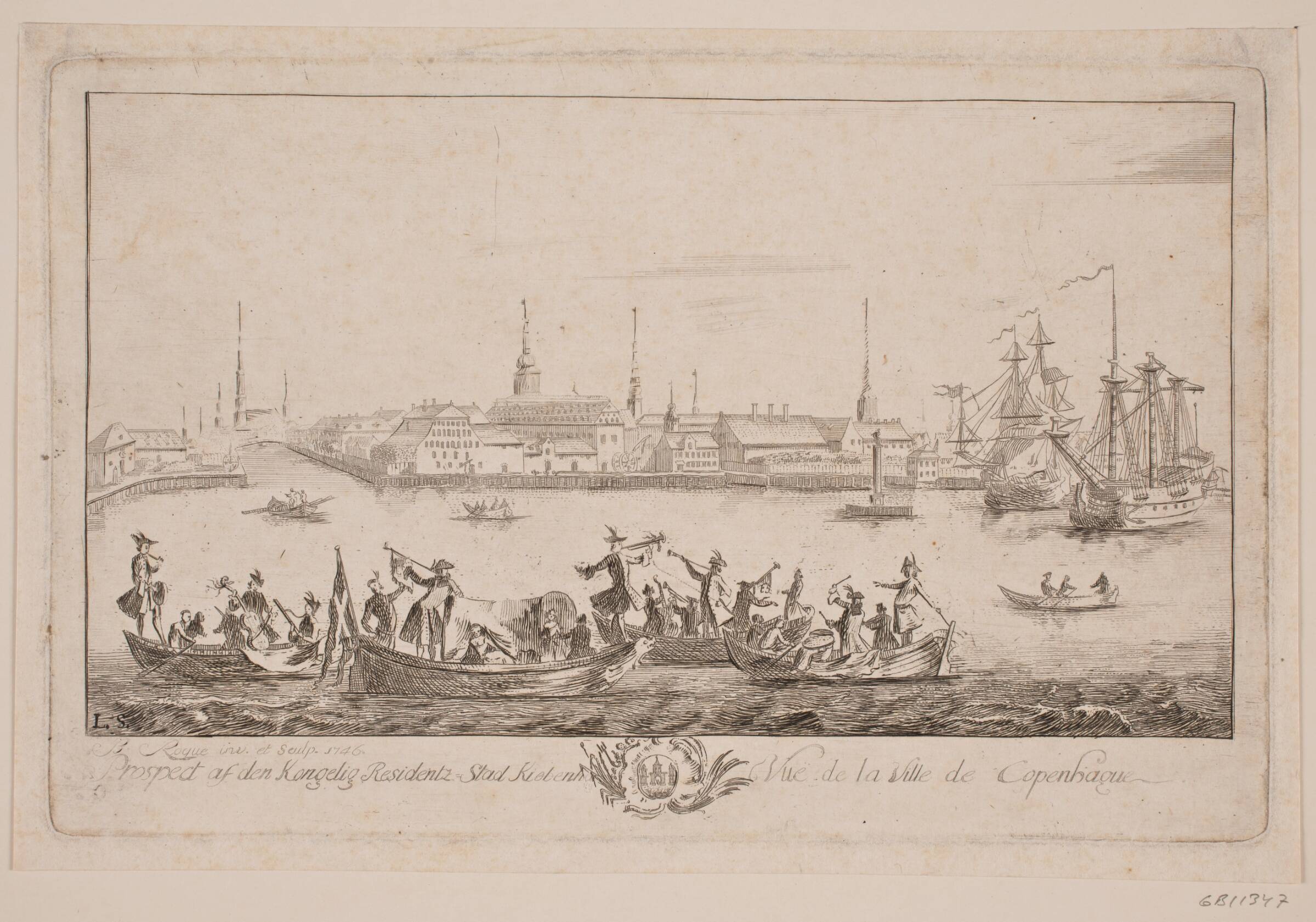 Prospekt af Slotsholmen set fra søen, Bartholomæus Roque, 1746