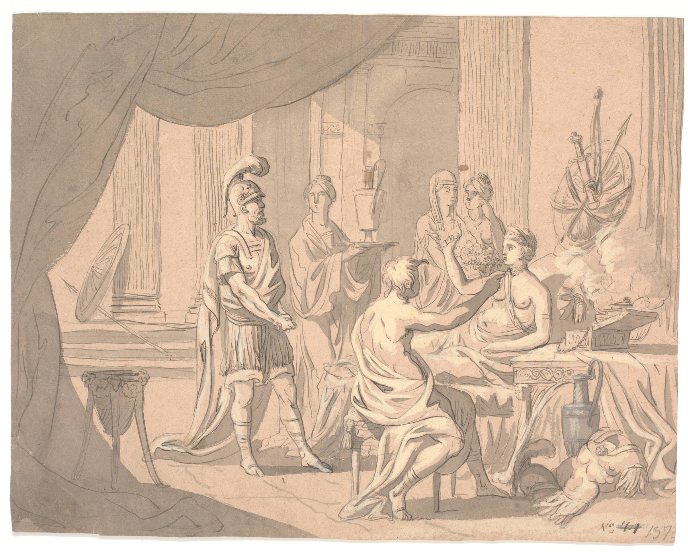Antik scene. En fornem dame smykkes af andre damer foran en hjelmklædt kriger, Erik Pauelsen, 1749-1790