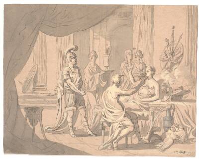 Antik scene. En fornem dame smykkes af andre damer foran en hjelmklædt kriger