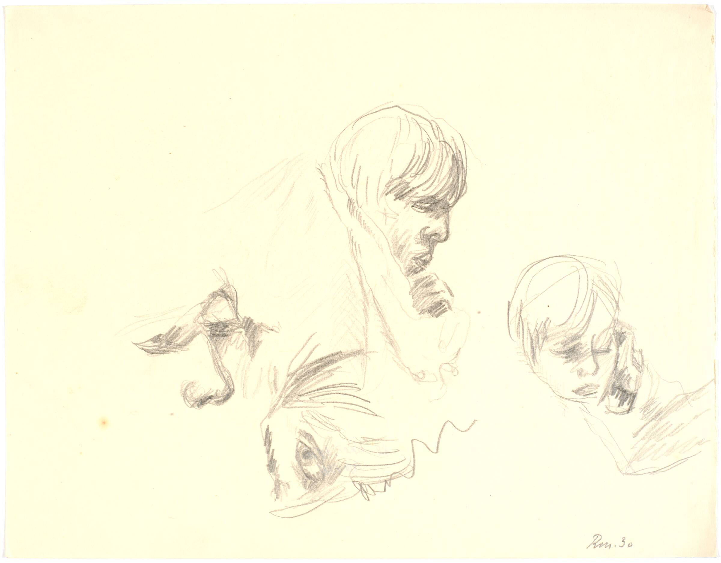 Skitseblad med fire portrætter af kunstnerens bror Otto, kaldet Mads, hvilende, Richard Mortensen, 1930