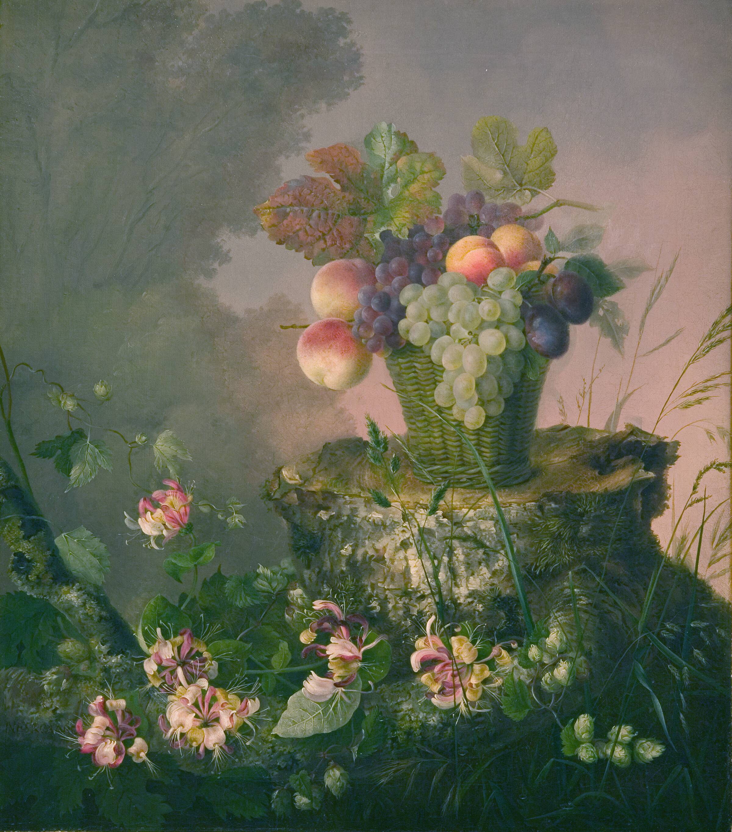 Blomsterkurv med frugt ved en træstub, Hermania Neergaard, 1814-1875