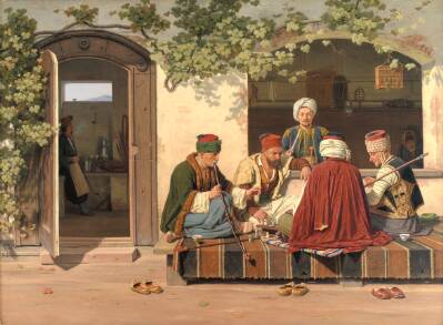 Orientalere ved et parti skak uden for et tyrkisk kaffehus og barberstue