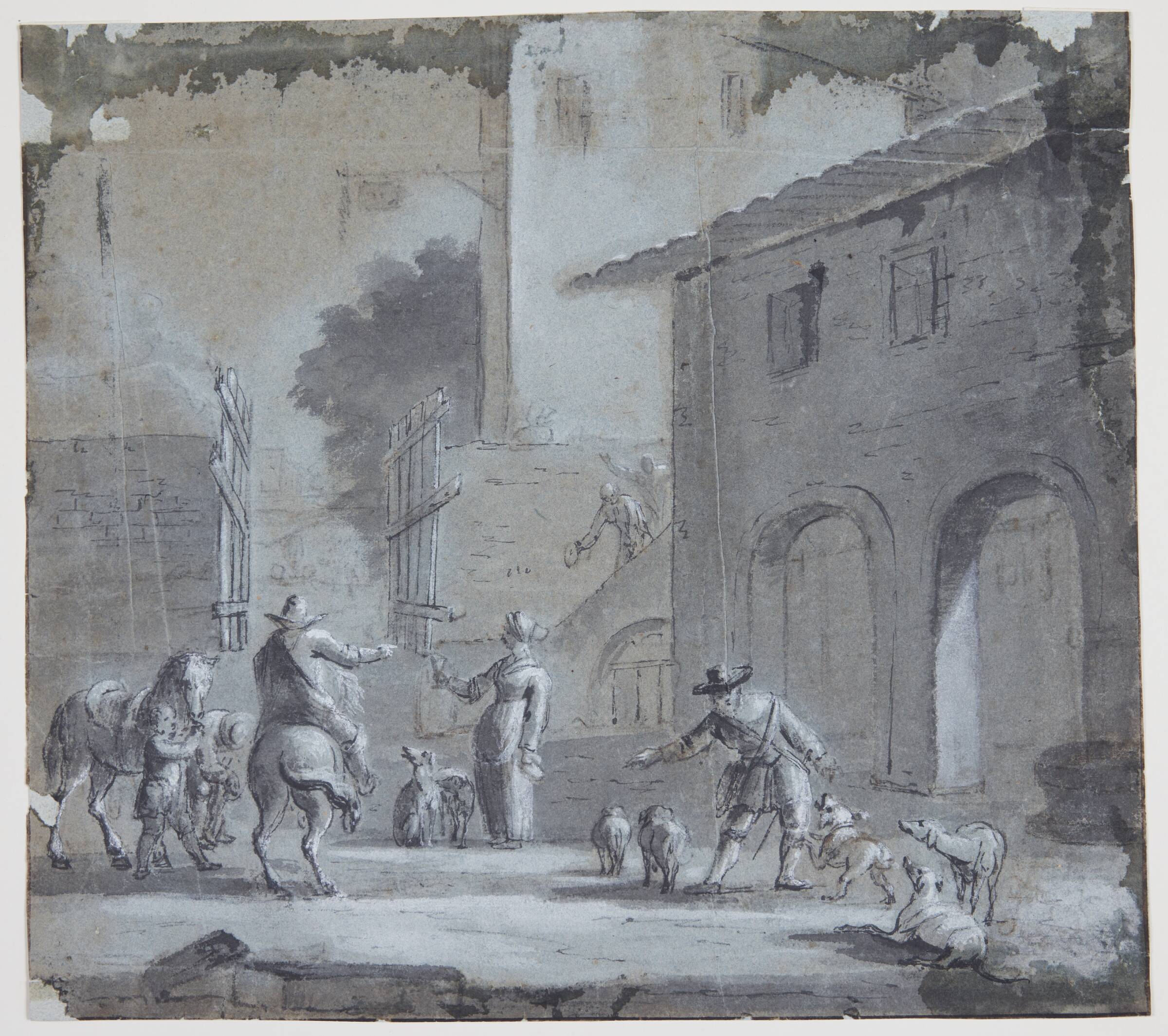 Byscene med en åben port, figurer og dyr, Jan Asselijn, 1634-1666