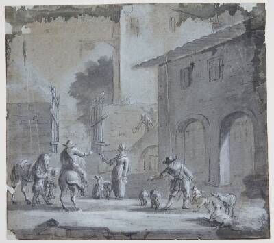 Byscene med en åben port, figurer og dyr
