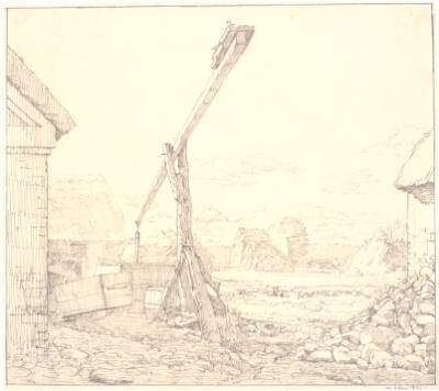 Brøndvippe i en bondegård, solskin