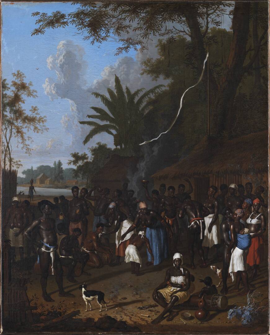 Gathering of Enslaved People on One of Jonas Witsen’s Plantations in Suriname, by Dirk Valkenburg, 1706-1708