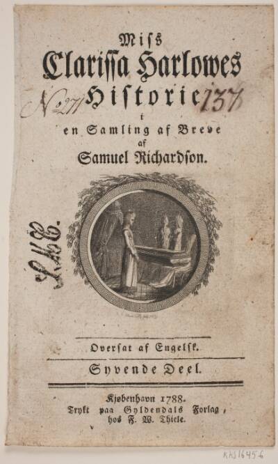 Titelblad med vignet til S. Richardson: "Miss Clarissa Harlowes Historie", syvende del
