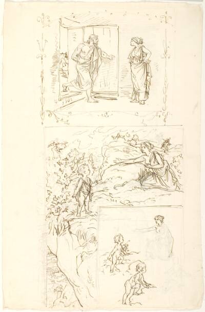 Illustration til humoreske af Makedonios "Just som jeg gik og tænkte paa, hvor rart det ville være, om min kone ville lægge sig til at dø..." F.n.: Illustration til digt af Parmenion. Moderen, der lokker barnet til sig ved at vise det sit bryst
