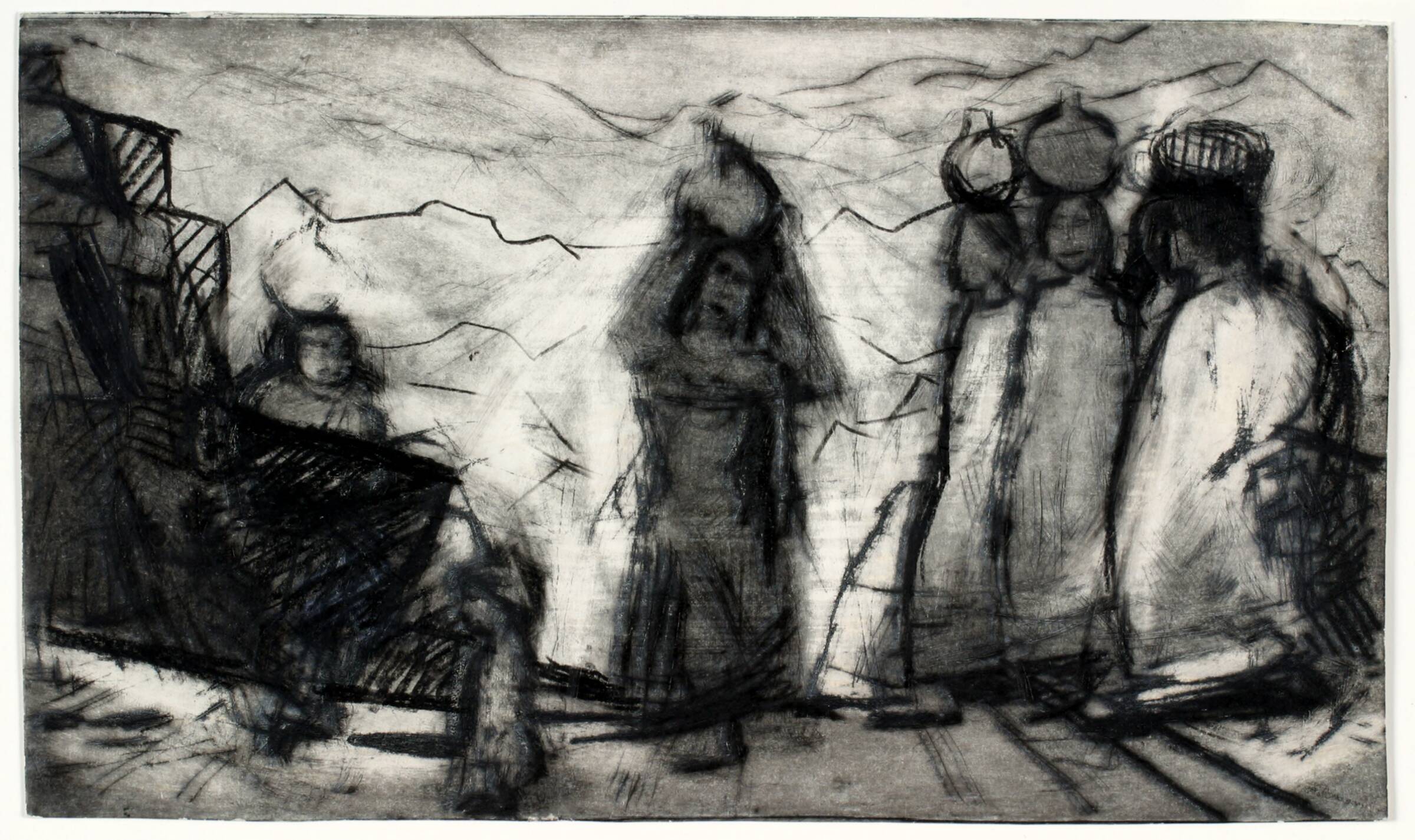 Fem kvinder med vandkrukker og et barn, Holger J. Jensen, 1953
