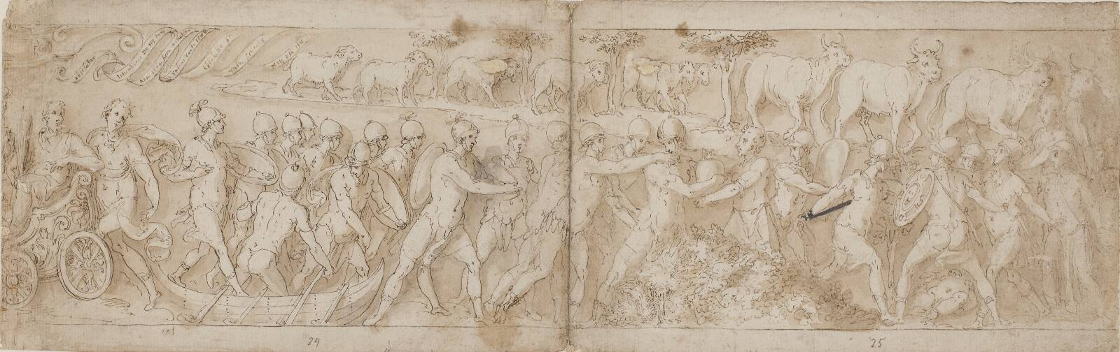 Barbarian fugitives and their animals are brought out of their hiding-place (CXVI); at upper left the end of a cartouche with a scroll (Guerra’s own addition), by Giovanni Guerra, 1544-1618