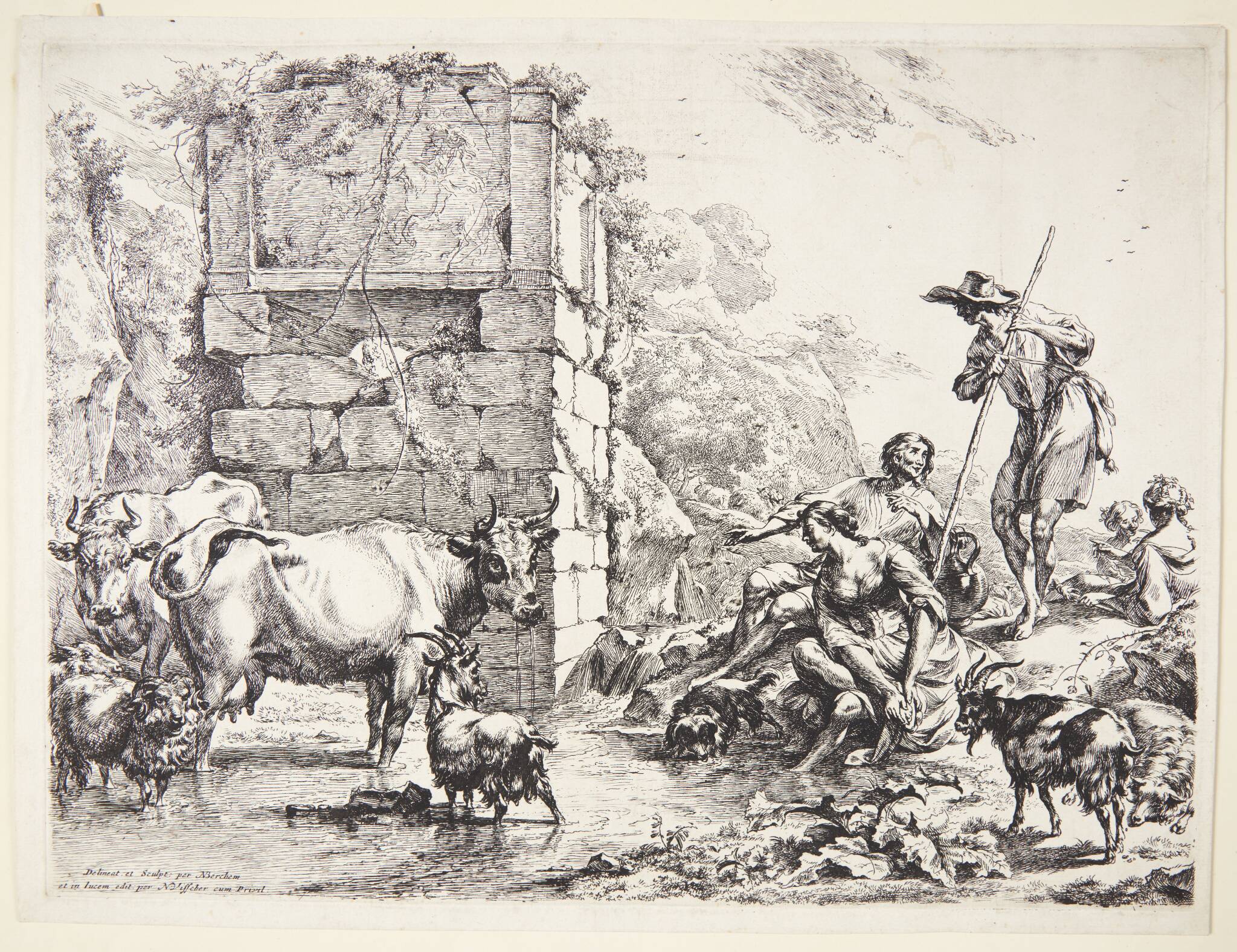 En hyrde vander sine dyr ved en tilgroet ruin
