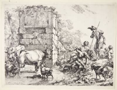 En hyrde vander sine dyr ved en tilgroet ruin