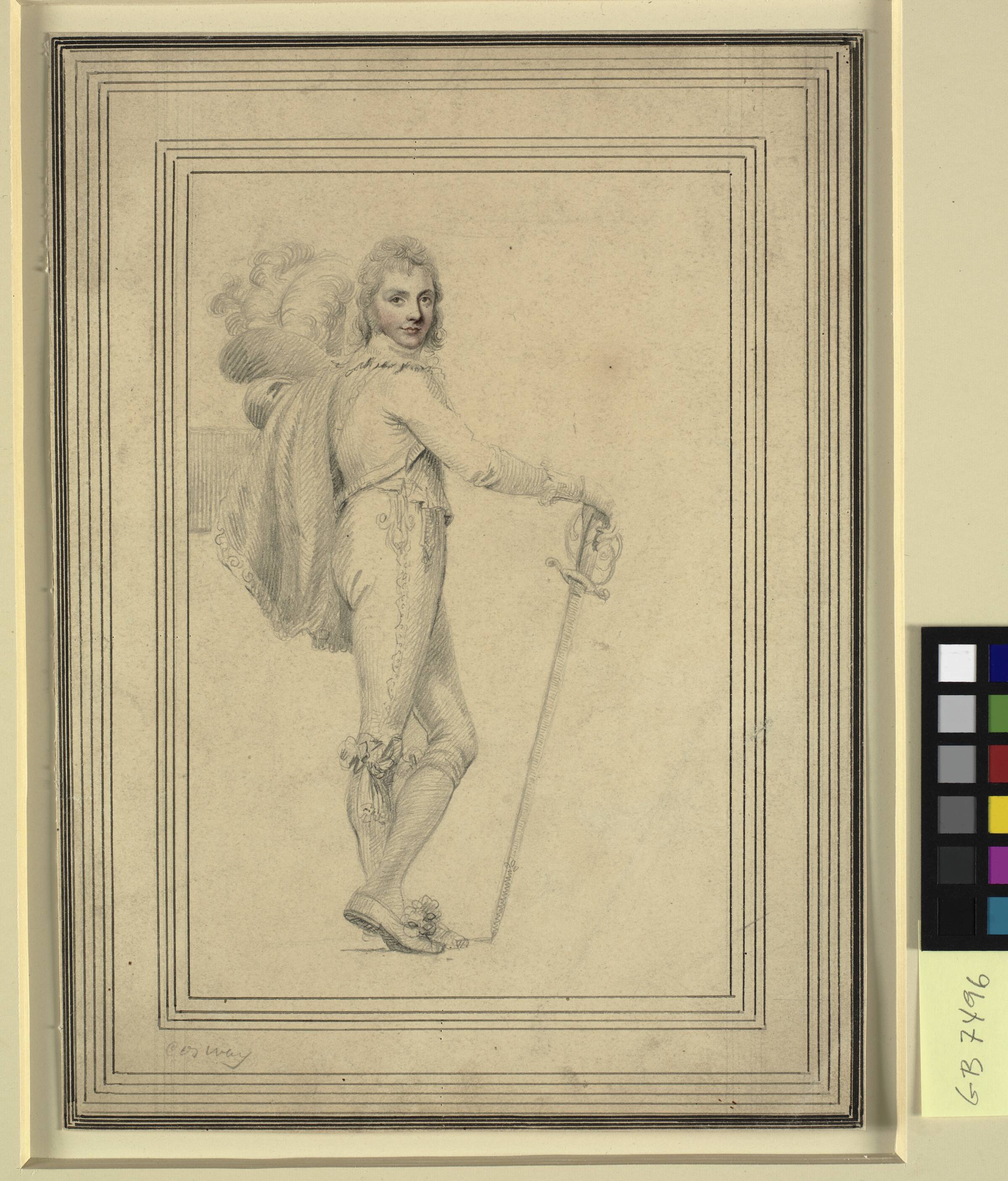 Portræt af en fornem herre, stående, helfigur, med kårde i den ene hånd og en fjerprydet hat i den anden, Richard Cosway, 1760-1821