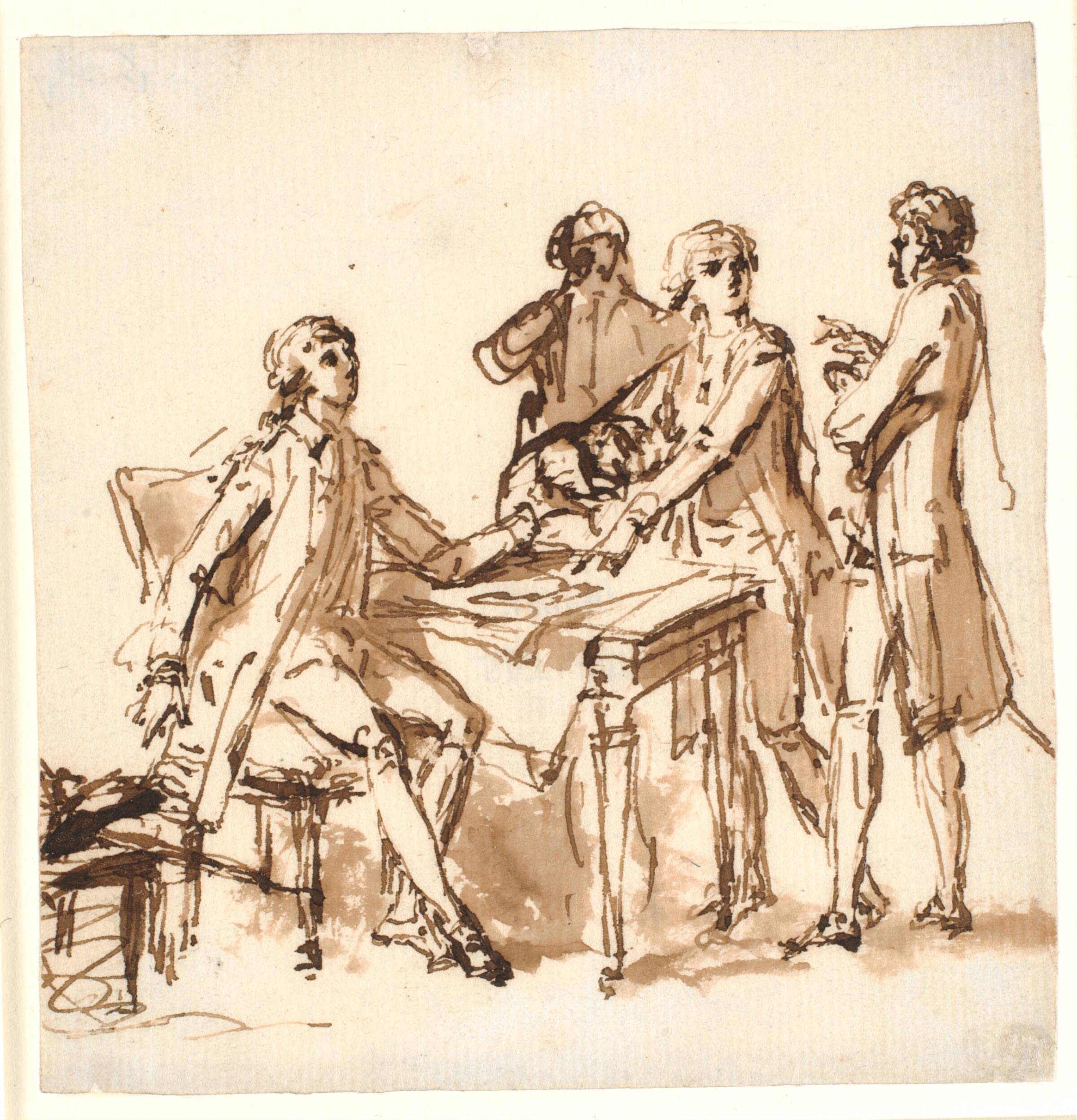Fire mænd om et bord diskuterer et projekt, Cornelius Høyer, 1783-1784