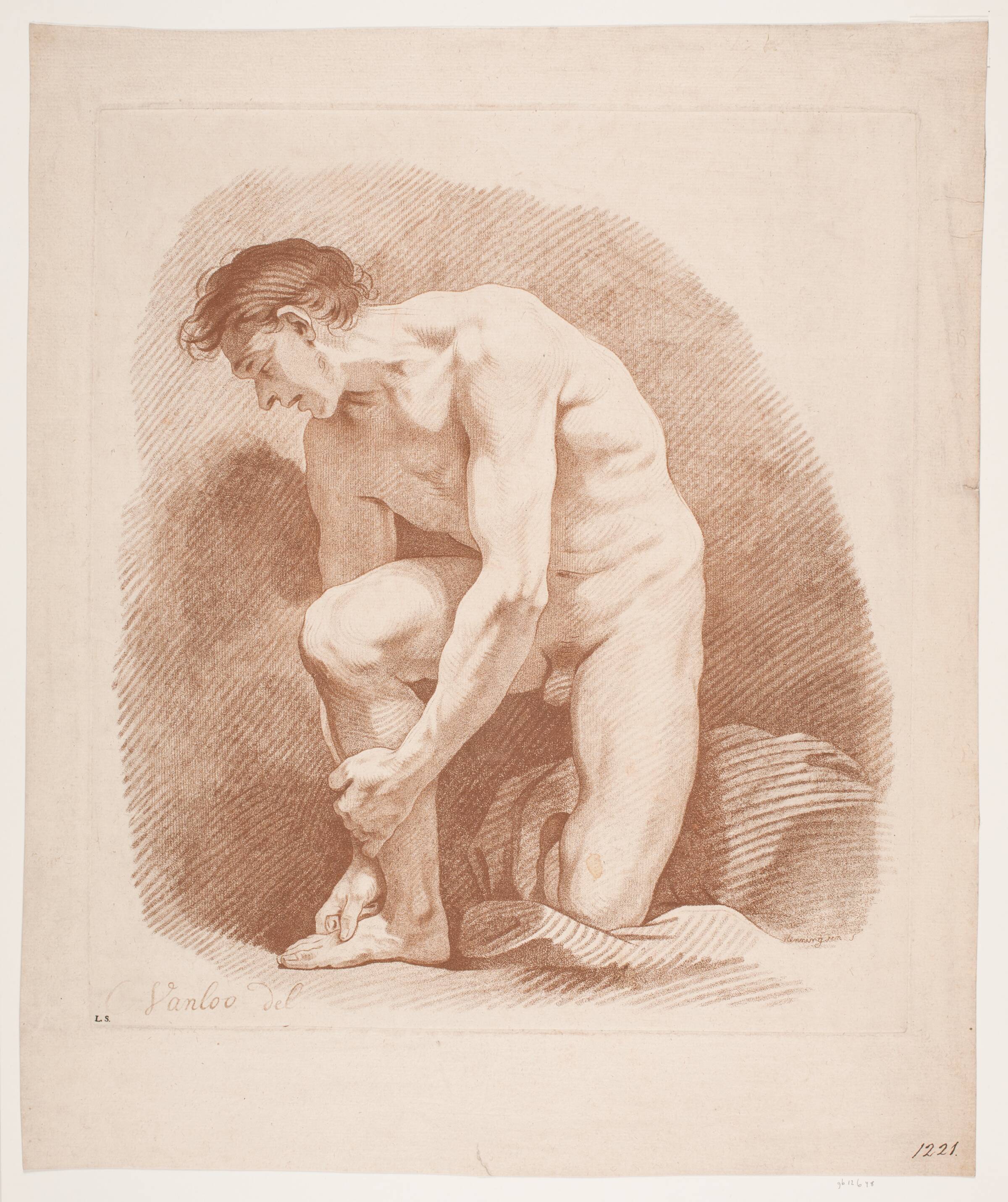 Mandlig model hvilende på venstre knæ, Isak Henningsen, 1755-1759