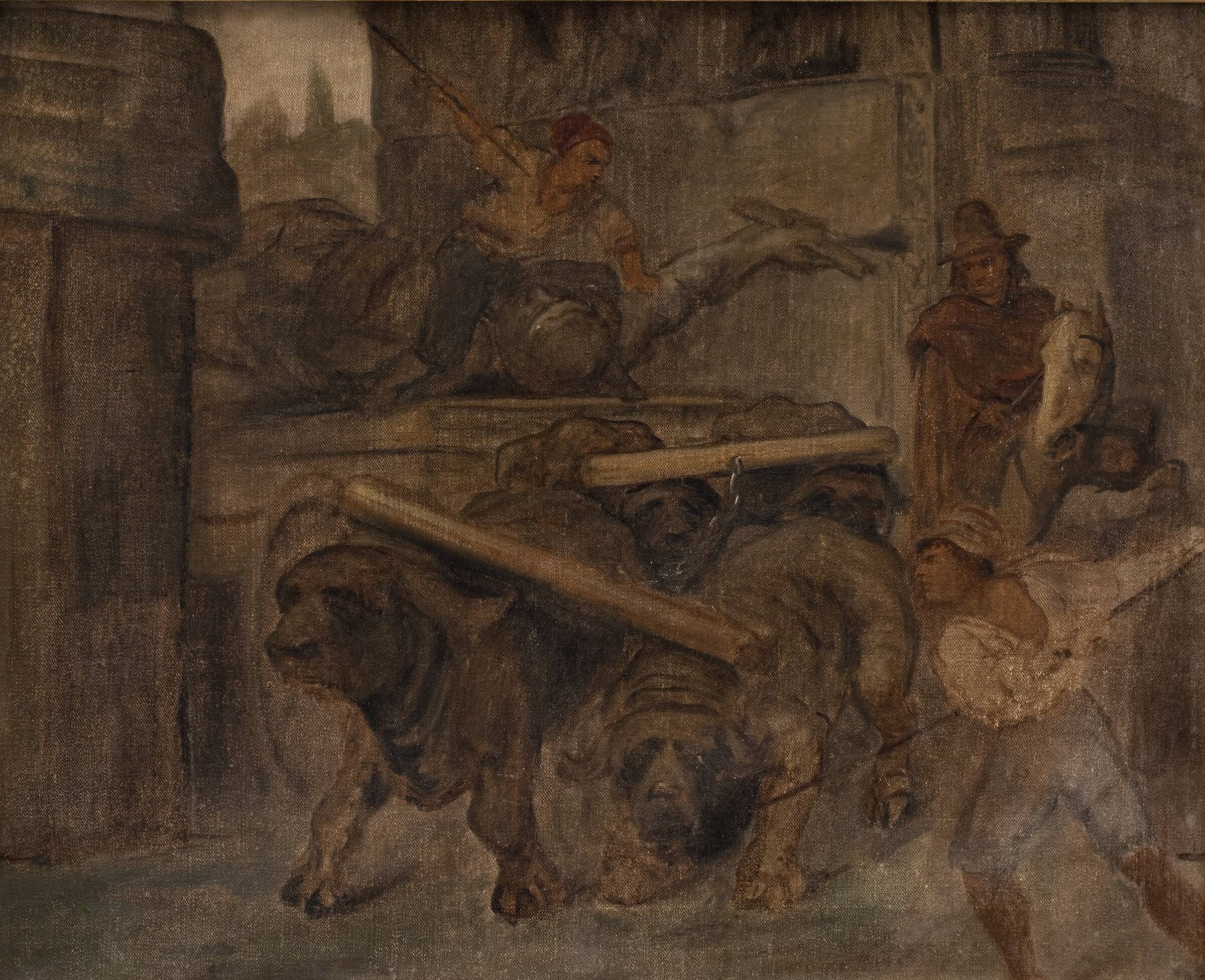 Romerske arbejdsfolk transporterer en antik kejserstatue fra Colosseum igennem Titusbuen til museerne i Capitol. Studie, L.A. Schou, 1866-1867