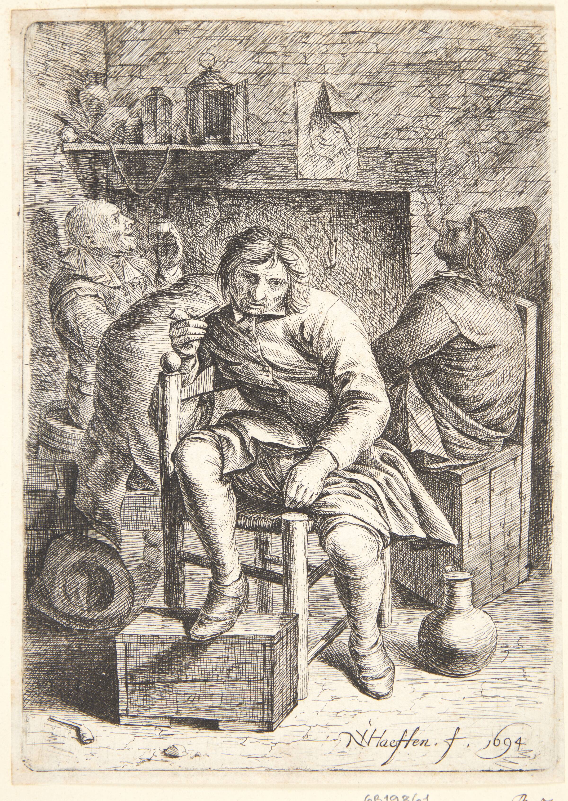 Siddende mand med pibe, i baggrunden tre bønder ved et ildsted, Nicolaes van Haeften, 1694