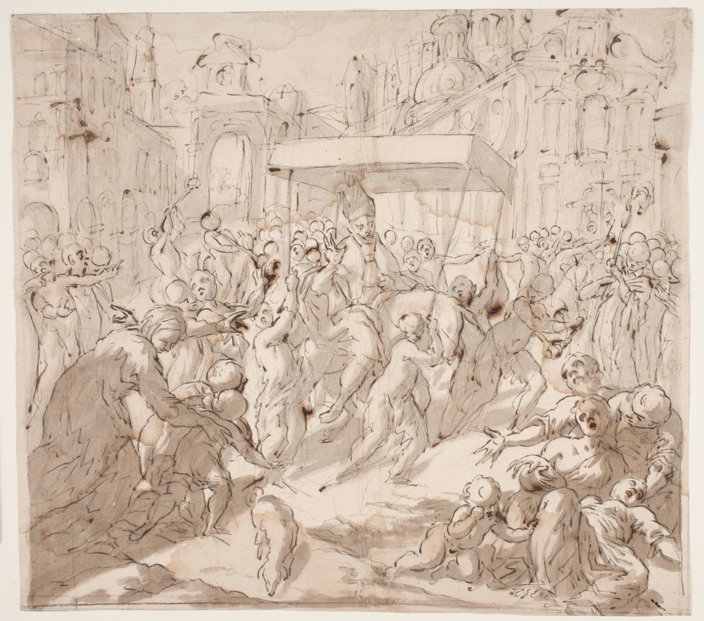 En biskop, ridende på et æsel under en baldakin, kommer med en procession ind i en by, hvor han velsigner børn og syge mennesker, Sigismondo Caula, 1637-1724