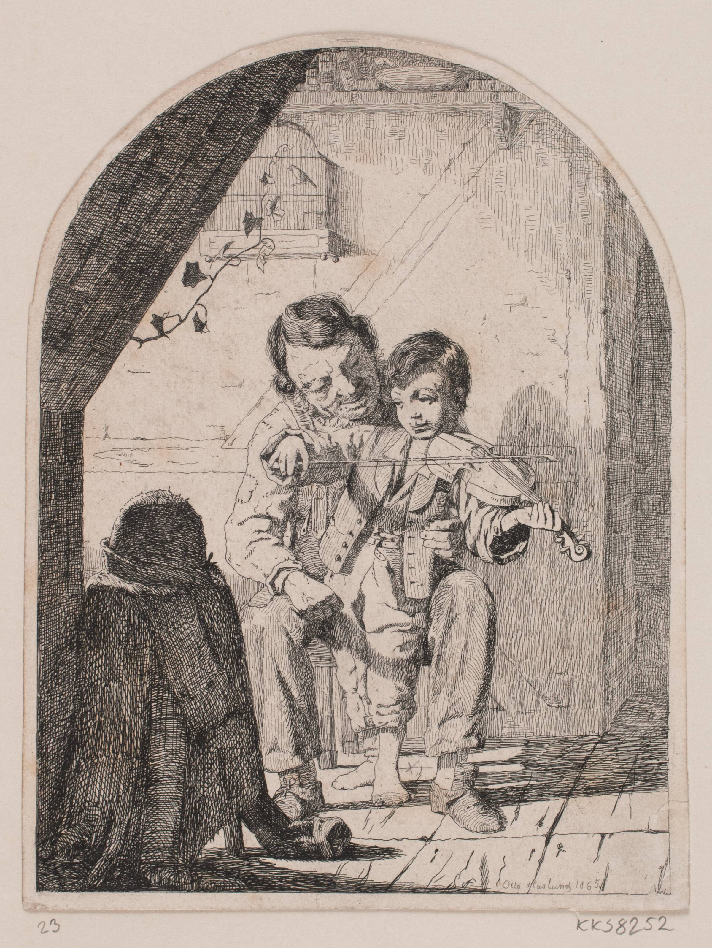 Drengen lærer at spille violin, Otto Haslund, 1865