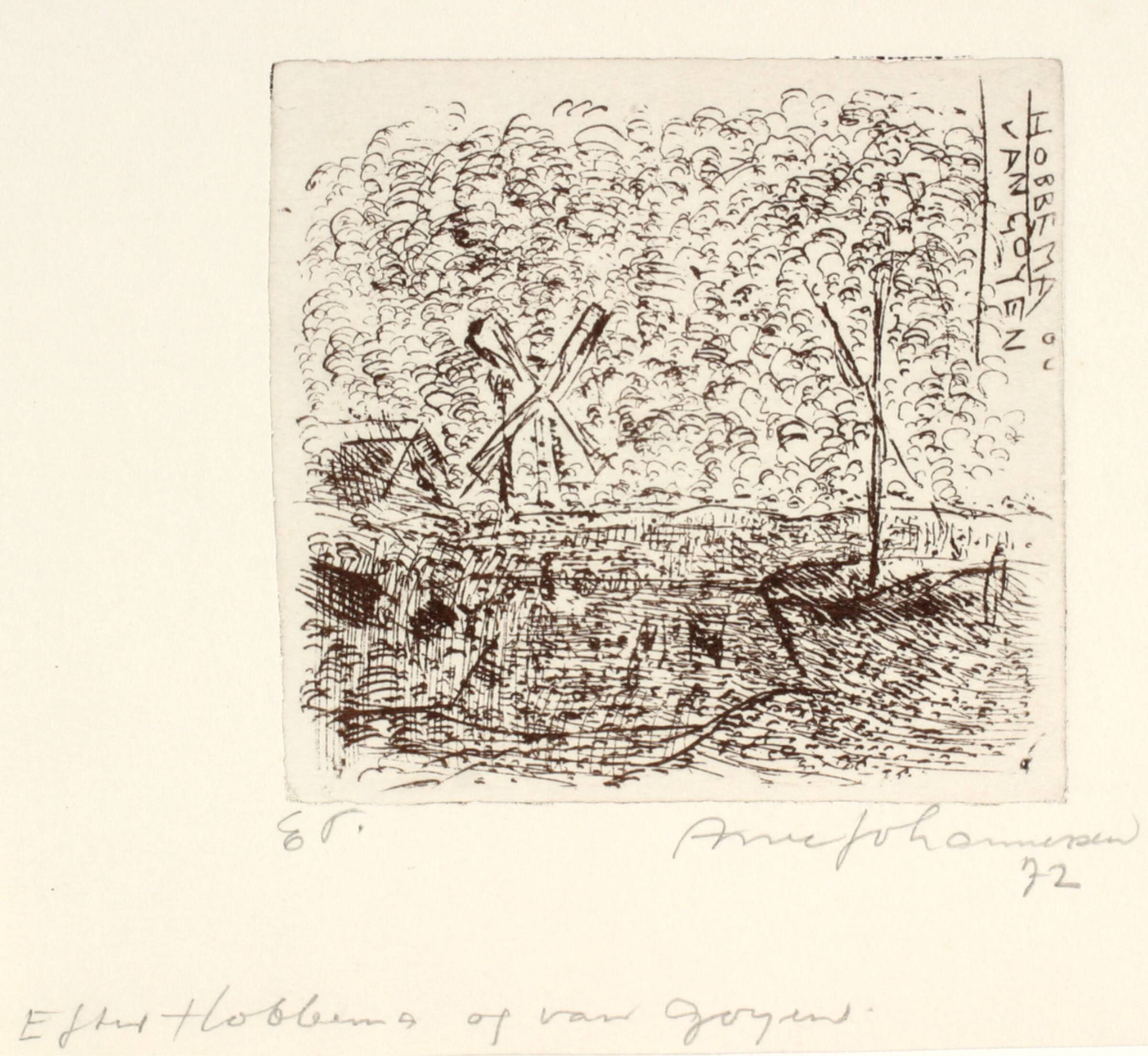Flodlandskab med mølle efter van Goyen og Hobbema, Arne Johannessen, 1972