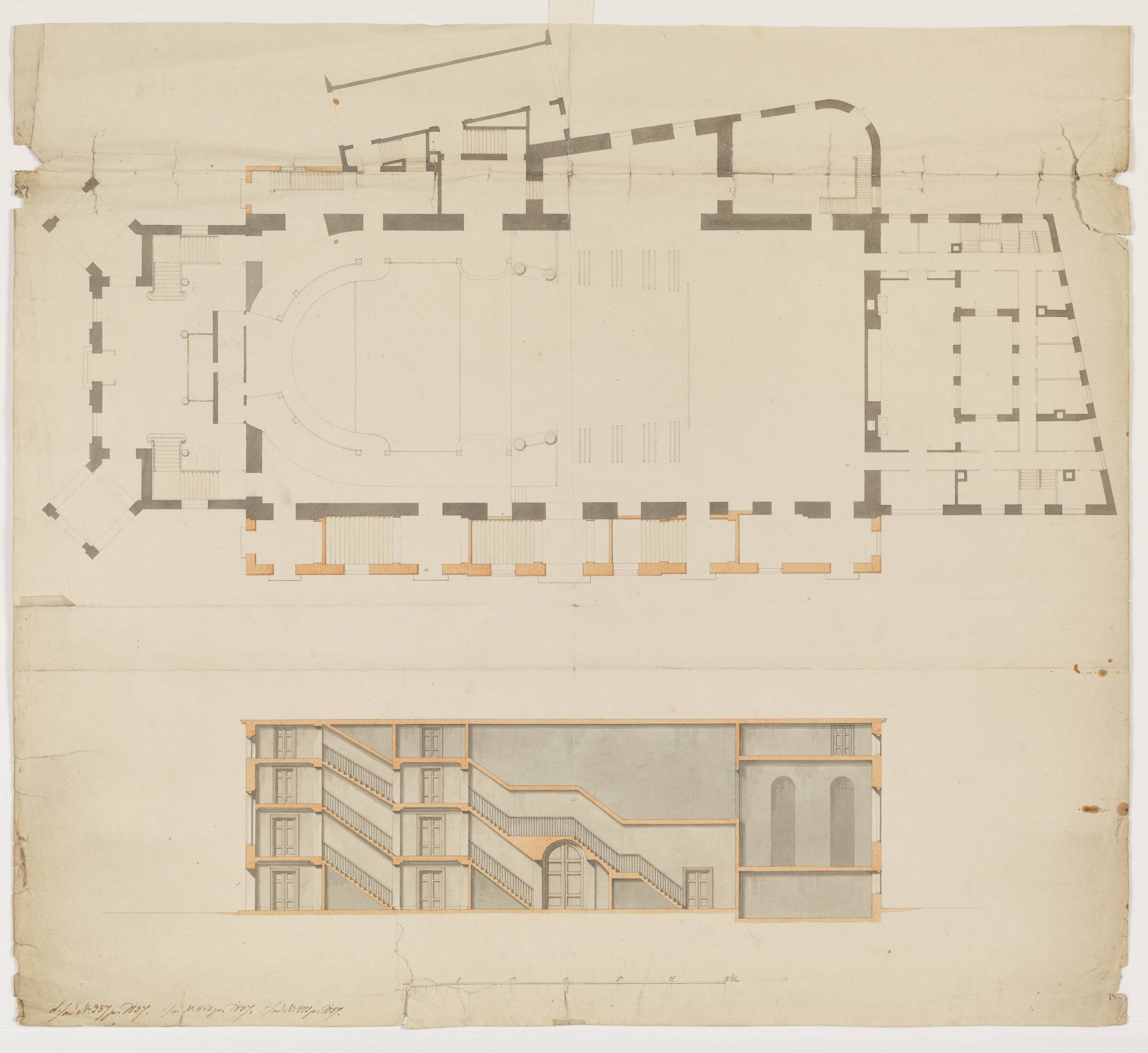 Det Kgl. Teater. Plan med midterbygning, operamaskinhus, forbygning, tilskuerplads, bagbygning og trappehuse, Jørgen Koch, 1837