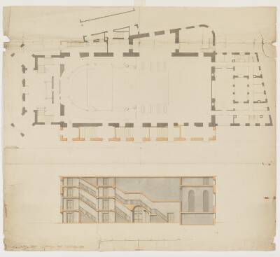 Det Kgl. Teater. Plan med midterbygning, operamaskinhus, forbygning, tilskuerplads, bagbygning og trappehuse