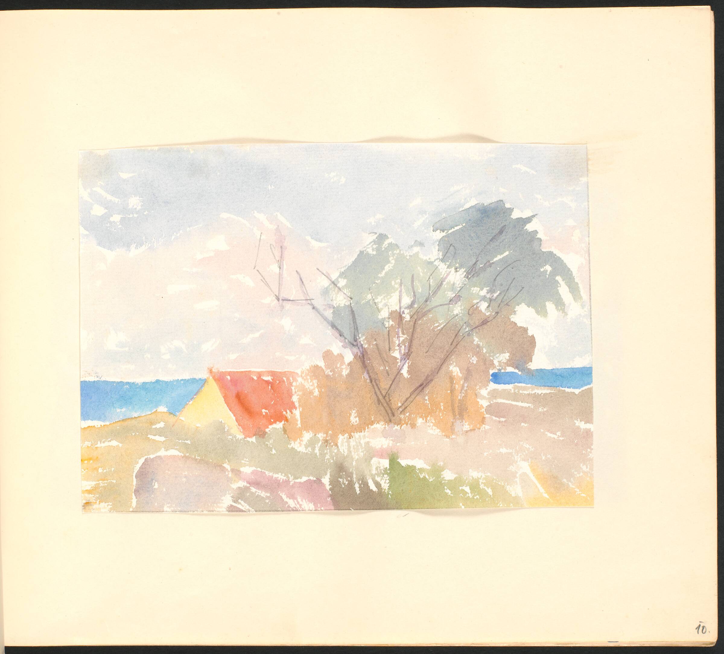 Hus med rødt tag og høje træer, Johannes Frederiksen, 1944
