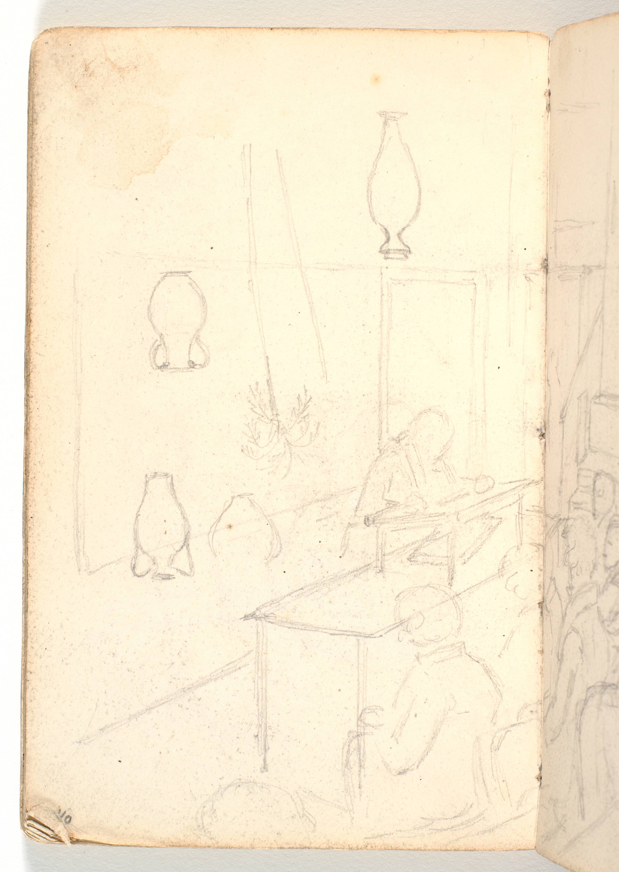 Auditorium med oplæser og tilhørere samt rids af palme og vase, Martinus Rørbye, 1825-1826