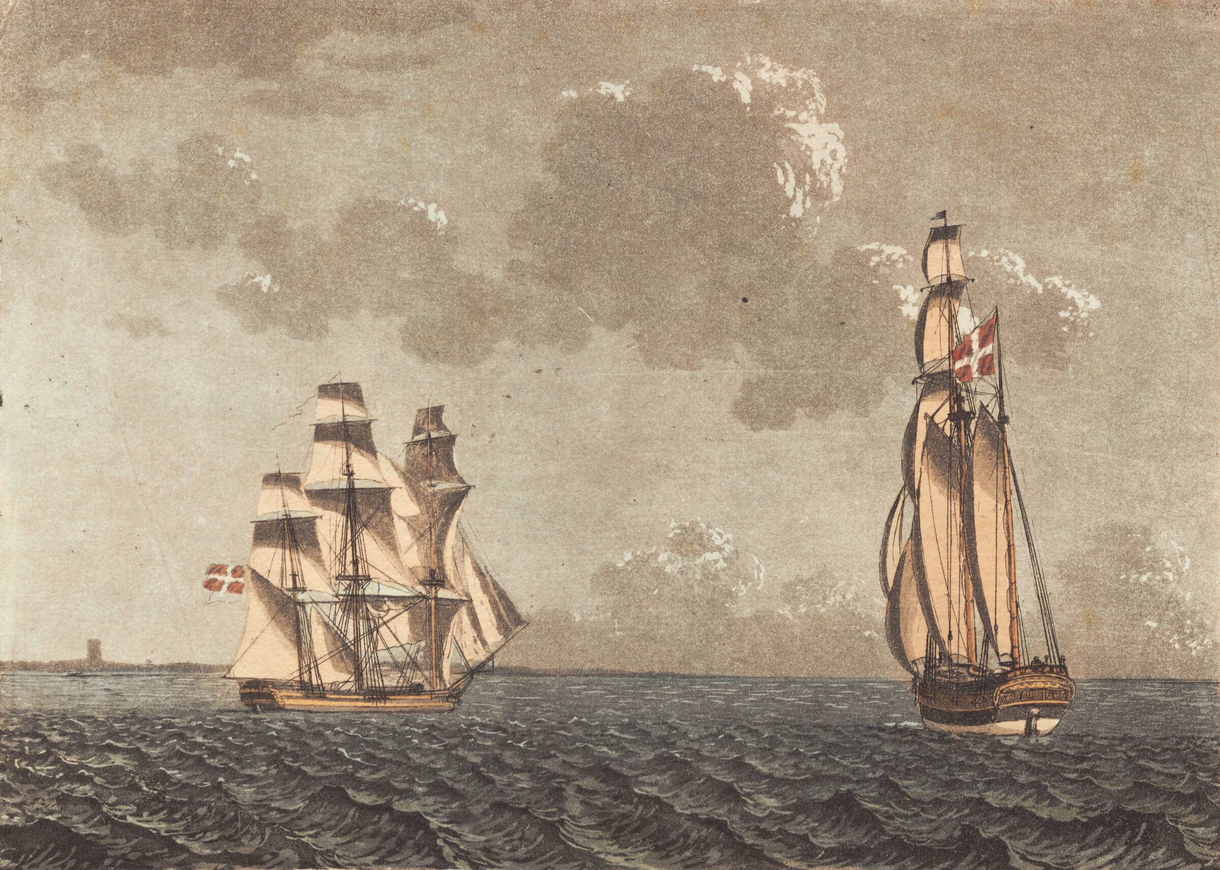 Et skib i vending, og en galease med sidevind, Niels Truslew, 1805