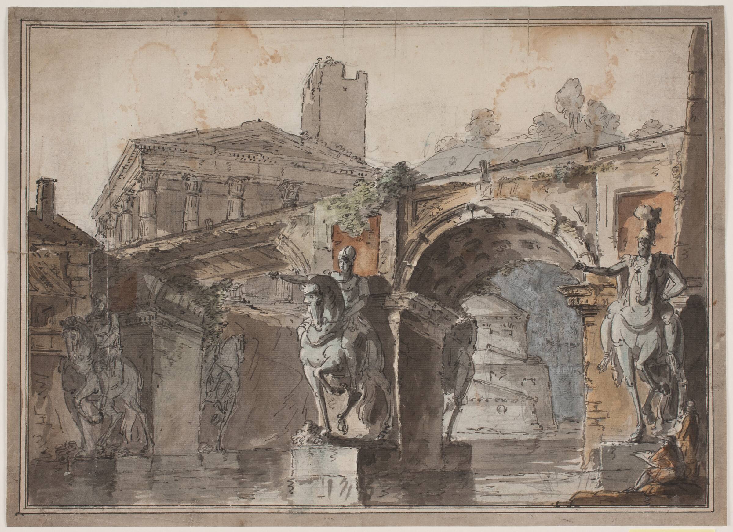 "Romersk" prospekt med bro, tempelruin og rytterstatue, Jens Petersen Lund, 1730-1790