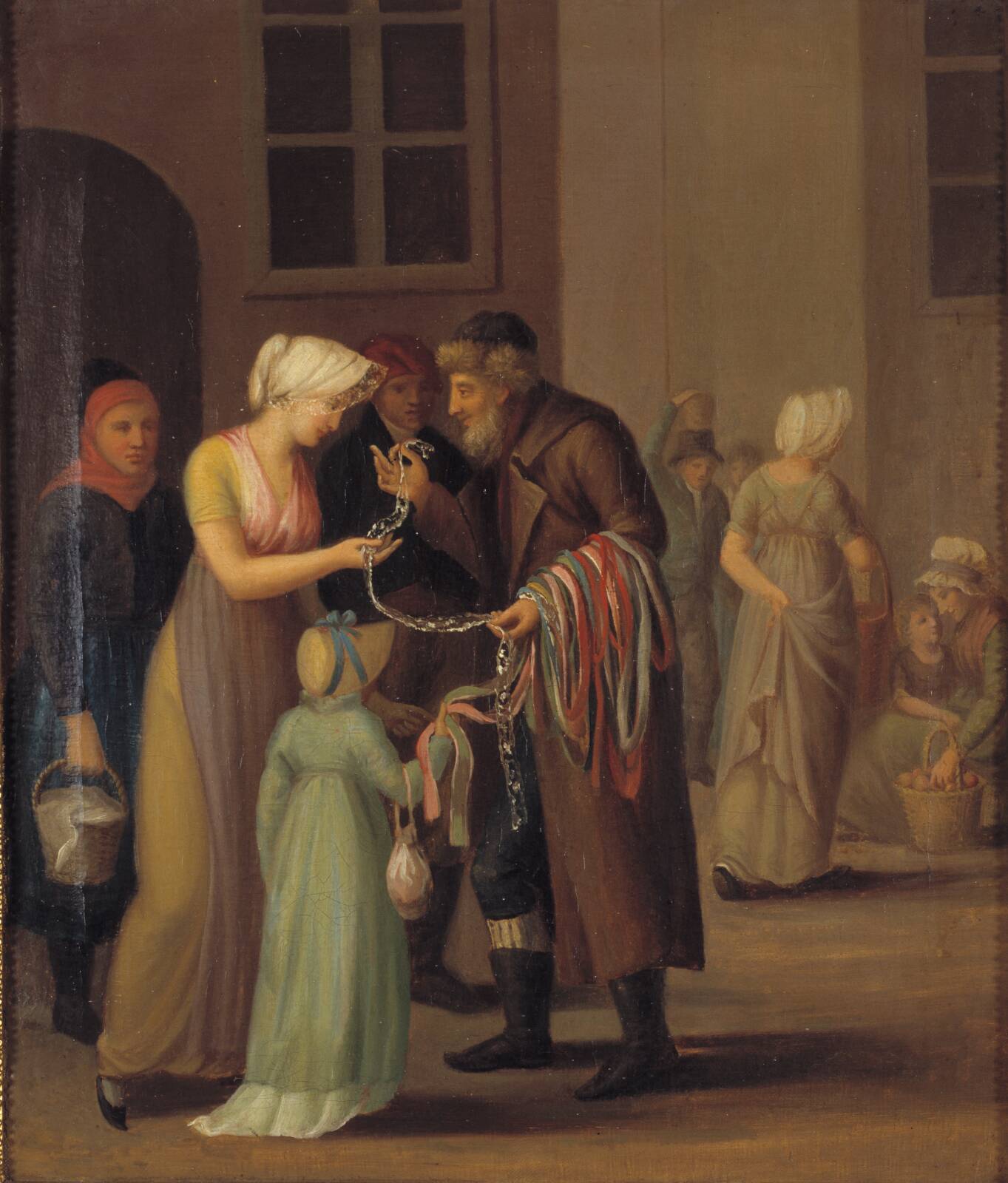 Gadescene i København ved år 1800. Piskebåndsjøden sælger en knipling til en ung pige, 1798-1802