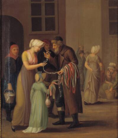 Gadescene i København ved år 1800. Piskebåndsjøden sælger en knipling til en ung pige